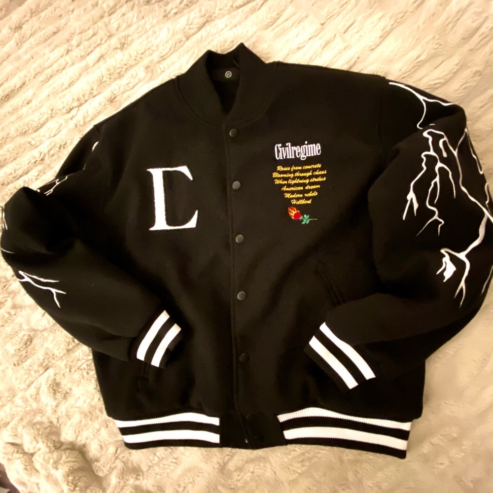 CIVIL REGIME Night Strikes Varsity Jacket in Black